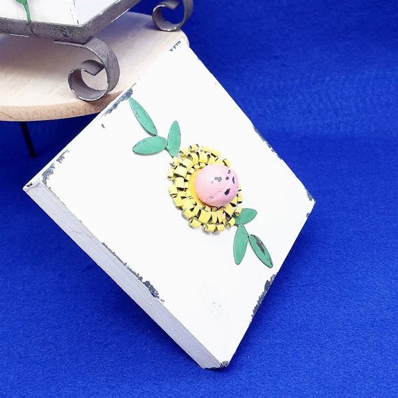 Storage Box Wood Metal Footed Stand Painted Metal Flower Design Whimsical Decor - Picture 5 of 11